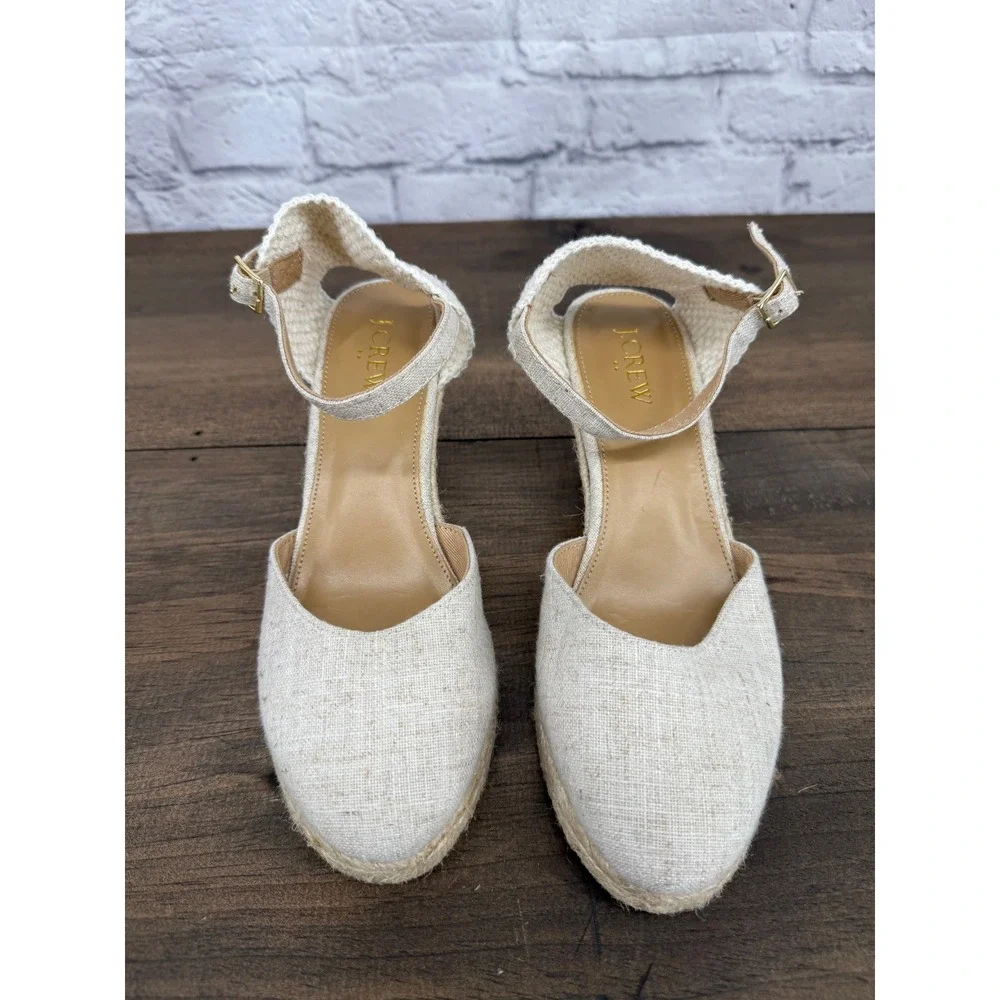J.Crew Womens Linen Espadrille Wedge Sandals Natural Oatmeal Size 7 Buckle Strap